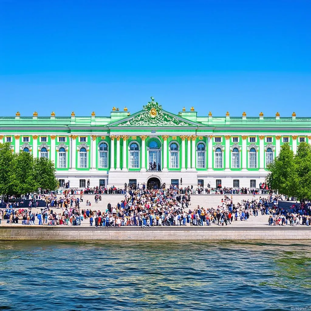 The Hermitage Museum with crowds of tourists outside and the Neva River in the background